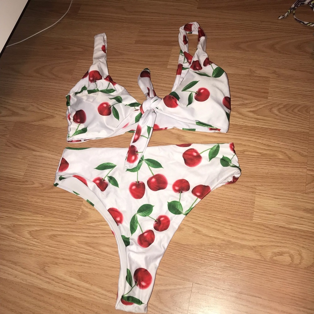 white and cherry highwasted bikini set